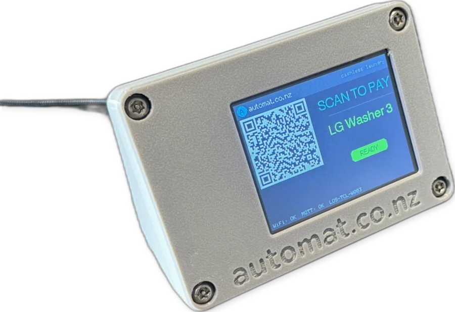 The Automat unit: a small screen showing a QR code and Scan to pay, LG Washer 3