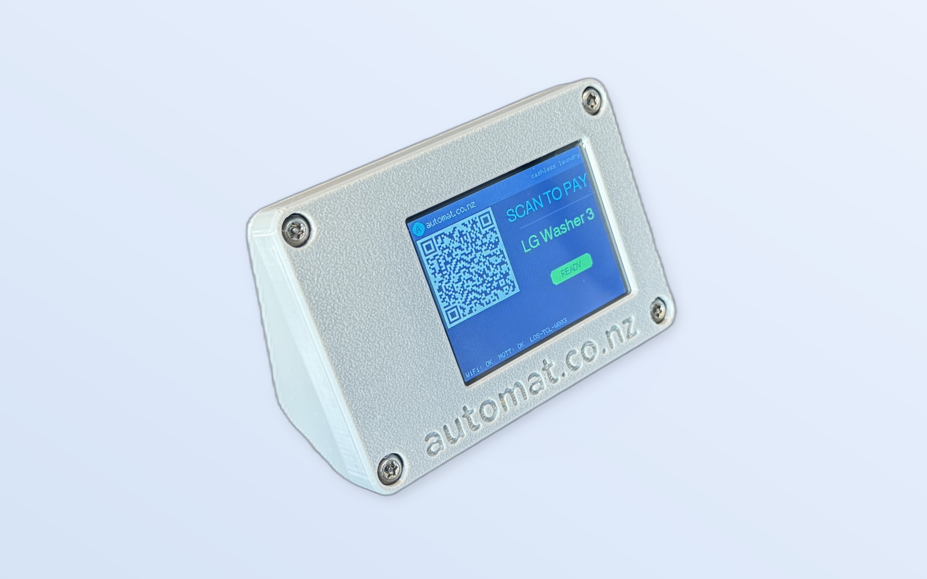 Automat cashless laundry device — compact wall-mount unit with QR code display